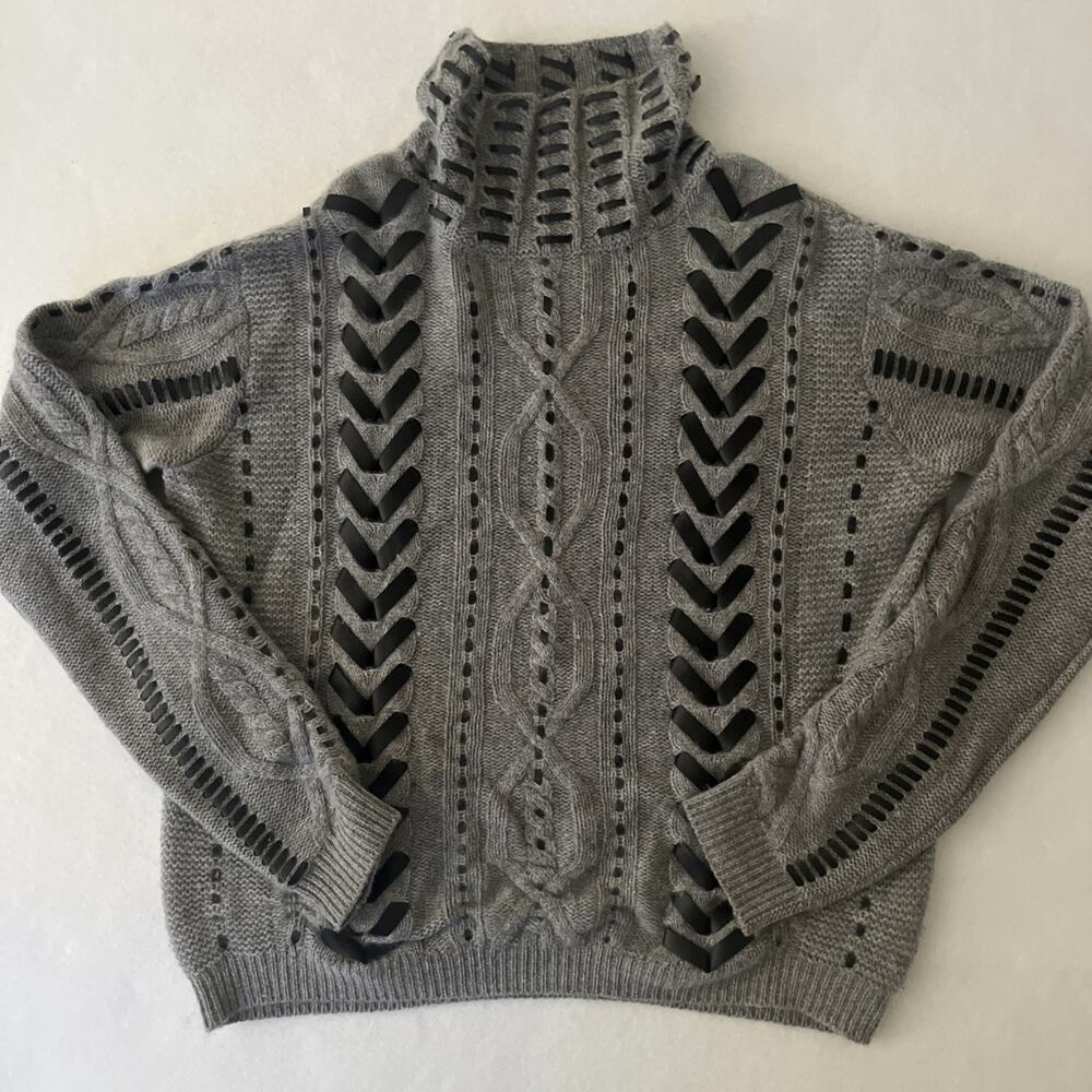 Christopher Fischer Cashmere Sweater Women M Gray Faux Leather Cable Knit